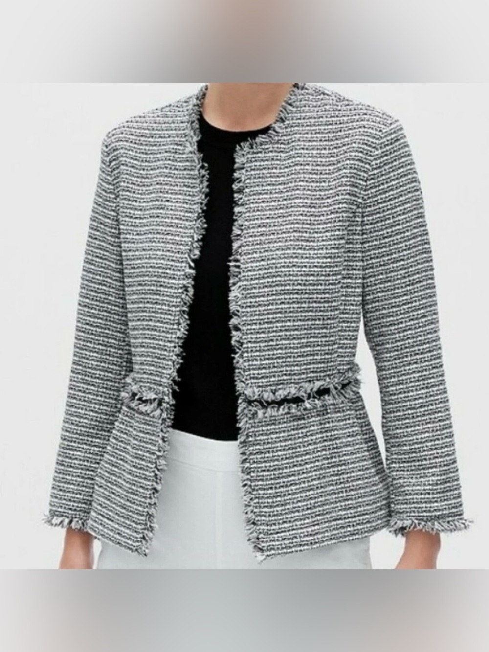 NWT Banana Republic XL gray lightweight tweed fringe waist open from blazer work